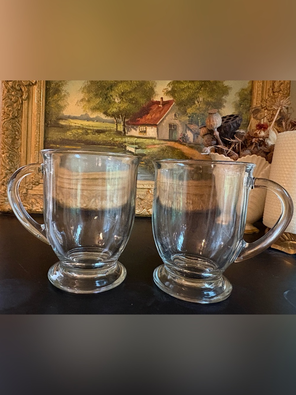 Pair (2) VTG Anchor Hocking Clear Glass Pedestal Café 16 Oz Mugs Coffee/ Tea